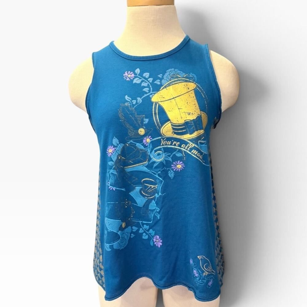 Disney Parks Alice in Wonderland Split Back Tank Top Shirt Sz M Teal Gold Whimsy